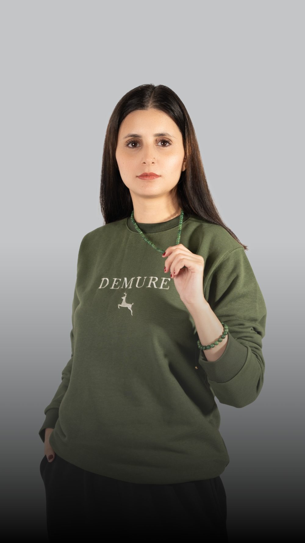 Embroidered Unisex Olive French Terry Crewneck