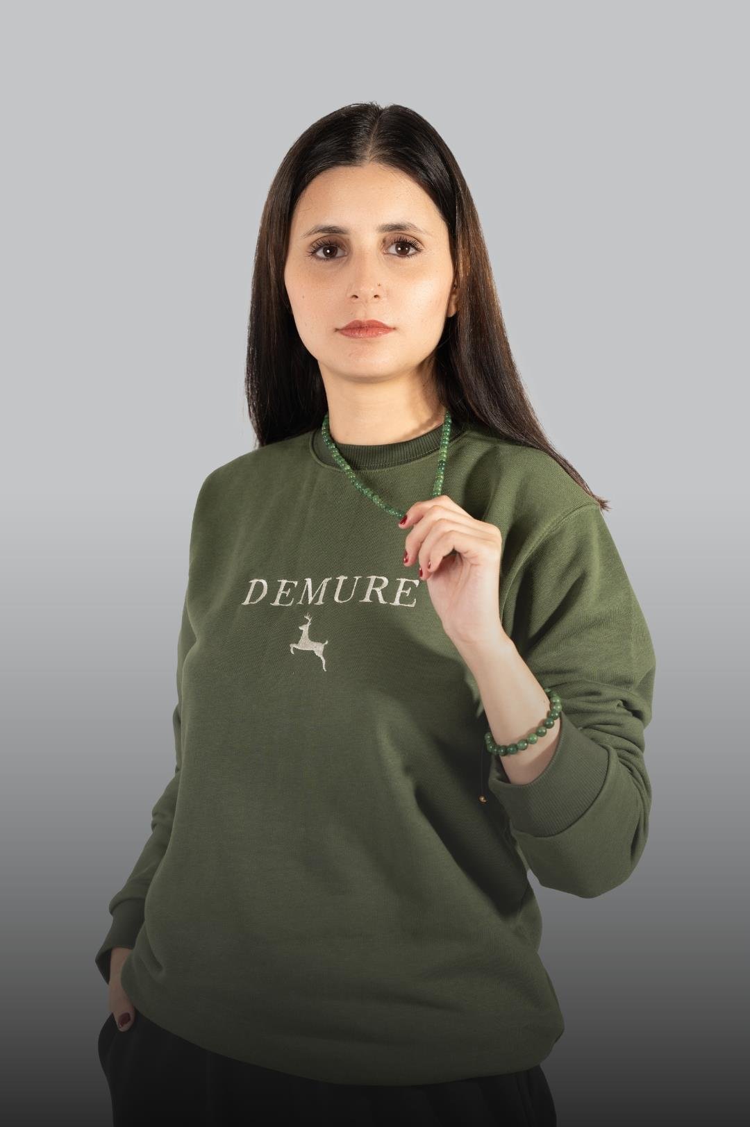 Embroidered Unisex Olive French Terry Crewneck